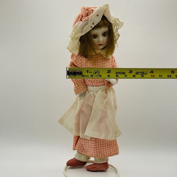 Vintage 9" Porcelain Doll Bendable Limbs Checkered Dress With Matching Bonnet - Picture 6 of 8